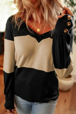 Sale Dear-Lover Colorblock Button Decor Long Sleeve V Neck Top Parchment