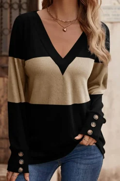 Sale Dear-Lover Colorblock Button Decor Long Sleeve V Neck Top Parchment