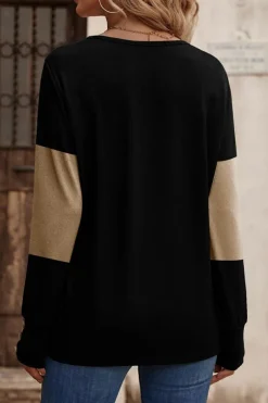 Sale Dear-Lover Colorblock Button Decor Long Sleeve V Neck Top Parchment