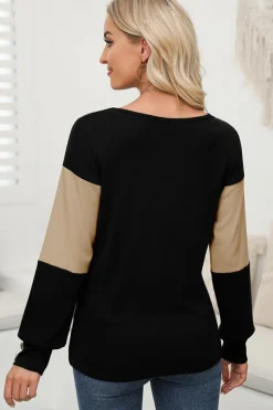 Sale Dear-Lover Colorblock Button Decor Long Sleeve V Neck Top Parchment