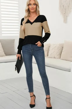Sale Dear-Lover Colorblock Button Decor Long Sleeve V Neck Top Parchment