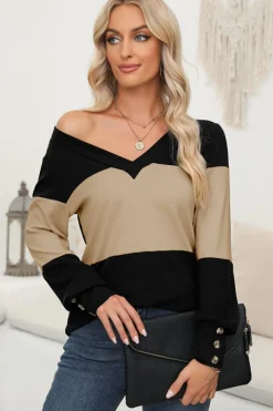 Sale Dear-Lover Colorblock Button Decor Long Sleeve V Neck Top Parchment