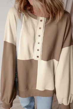 Outlet Dear-Lover Colorblock Henley High Low Oversize Sweatshirt Parchment