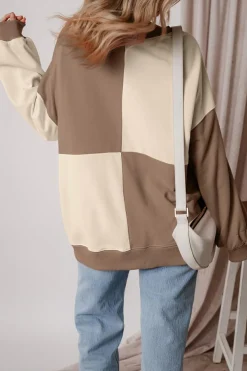 Outlet Dear-Lover Colorblock Henley High Low Oversize Sweatshirt Parchment