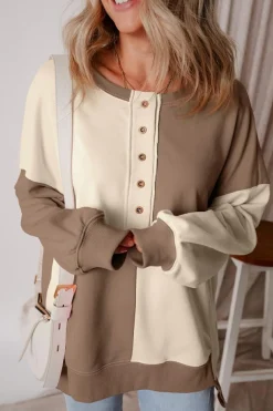 Outlet Dear-Lover Colorblock Henley High Low Oversize Sweatshirt Parchment