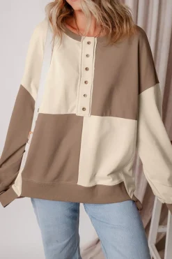 Outlet Dear-Lover Colorblock Henley High Low Oversize Sweatshirt Parchment