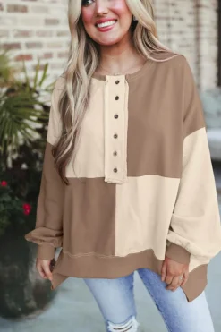 Outlet Dear-Lover Colorblock Henley High Low Oversize Sweatshirt Parchment