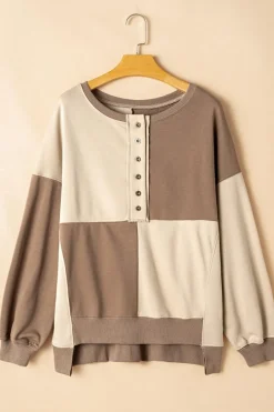 Outlet Dear-Lover Colorblock Henley High Low Oversize Sweatshirt Parchment