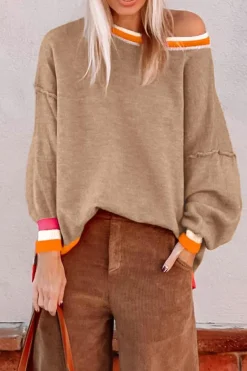 Online Dear-Lover Colorblock Striped Trim Drop Shoulder Sweater Parchment