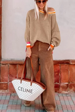 Online Dear-Lover Colorblock Striped Trim Drop Shoulder Sweater Parchment