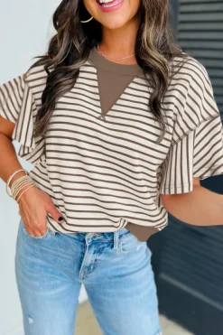 Outlet Dear-Lover Contrast Detail Striped Ruffle Short Sleeve Top Parchment