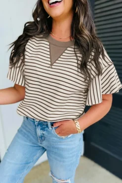 Outlet Dear-Lover Contrast Detail Striped Ruffle Short Sleeve Top Parchment