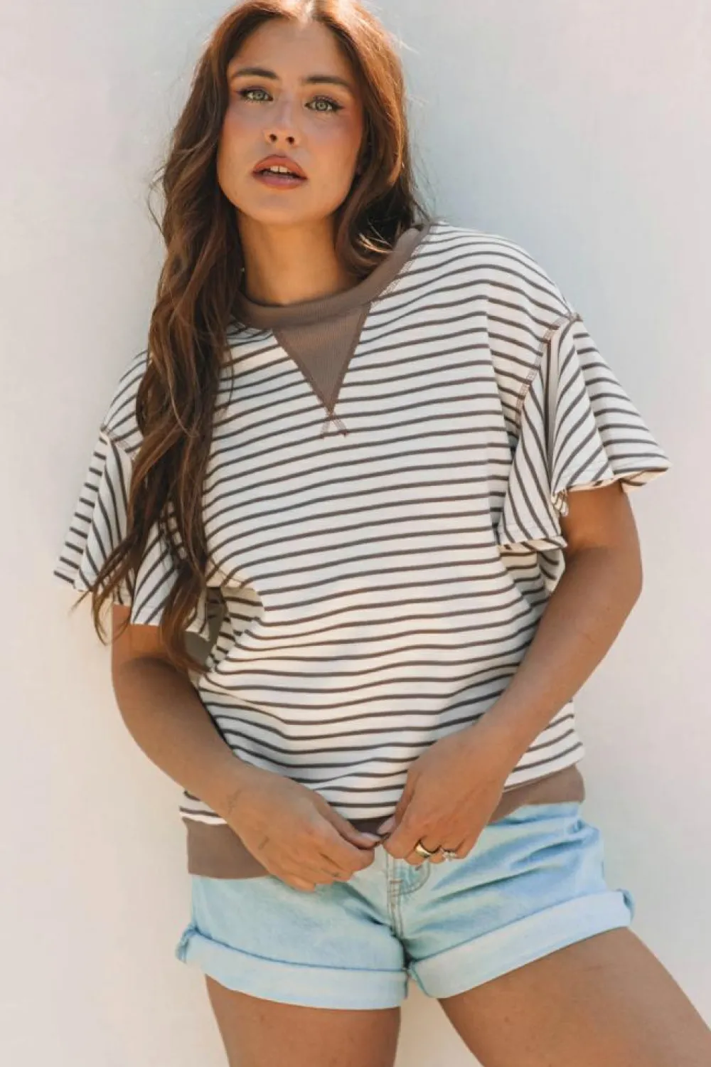 Outlet Dear-Lover Contrast Detail Striped Ruffle Short Sleeve Top Parchment