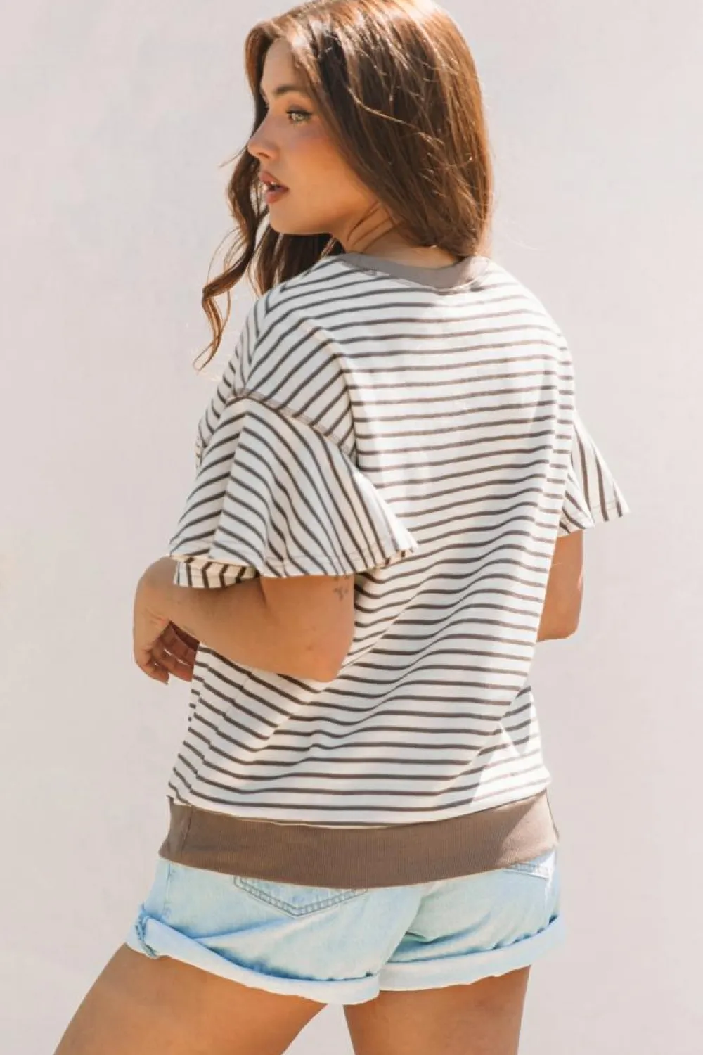 Outlet Dear-Lover Contrast Detail Striped Ruffle Short Sleeve Top Parchment