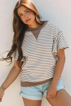 Outlet Dear-Lover Contrast Detail Striped Ruffle Short Sleeve Top Parchment