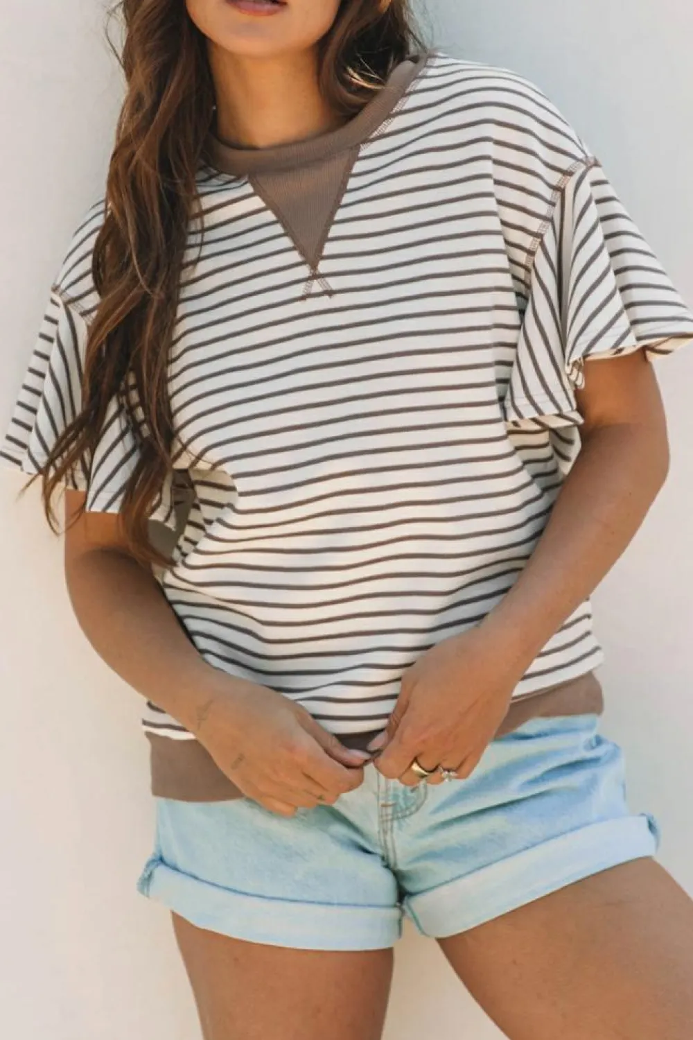 Outlet Dear-Lover Contrast Detail Striped Ruffle Short Sleeve Top Parchment