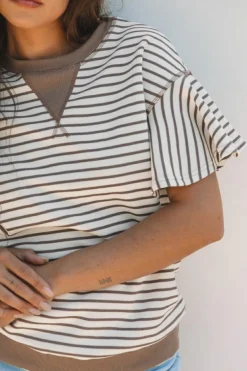 Outlet Dear-Lover Contrast Detail Striped Ruffle Short Sleeve Top Parchment
