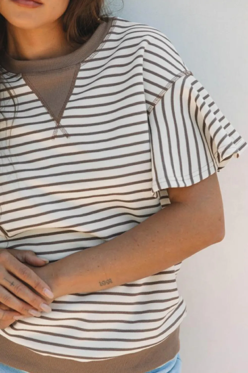 Outlet Dear-Lover Contrast Detail Striped Ruffle Short Sleeve Top Parchment