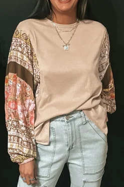 Hot Dear-Lover Contrast Floral Patchwork Puff Sleeve Waffle Knit Top Parchment