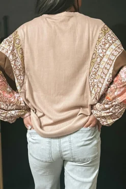 Hot Dear-Lover Contrast Floral Patchwork Puff Sleeve Waffle Knit Top Parchment