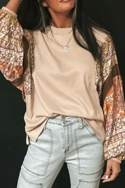 Hot Dear-Lover Contrast Floral Patchwork Puff Sleeve Waffle Knit Top Parchment