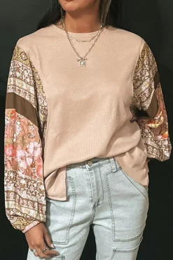 Hot Dear-Lover Contrast Floral Patchwork Puff Sleeve Waffle Knit Top Parchment
