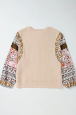 Hot Dear-Lover Contrast Floral Patchwork Puff Sleeve Waffle Knit Top Parchment