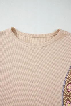 Hot Dear-Lover Contrast Floral Patchwork Puff Sleeve Waffle Knit Top Parchment