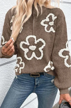 New Dear-Lover Contrast Flower Half Zipper Stand Neck Sweater Parchment