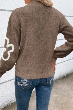 New Dear-Lover Contrast Flower Half Zipper Stand Neck Sweater Parchment