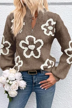 New Dear-Lover Contrast Flower Half Zipper Stand Neck Sweater Parchment