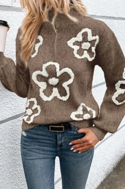 New Dear-Lover Contrast Flower Half Zipper Stand Neck Sweater Parchment