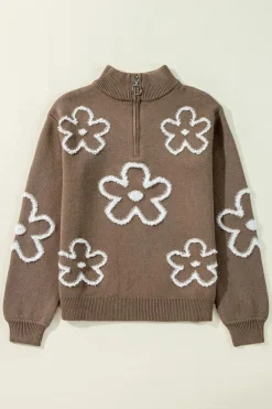 New Dear-Lover Contrast Flower Half Zipper Stand Neck Sweater Parchment