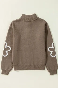 New Dear-Lover Contrast Flower Half Zipper Stand Neck Sweater Parchment