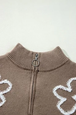 New Dear-Lover Contrast Flower Half Zipper Stand Neck Sweater Parchment