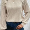 Fashion Dear-Lover Contrast Lace Raglan Sleeve Buttoned Ribbed Top Parchment