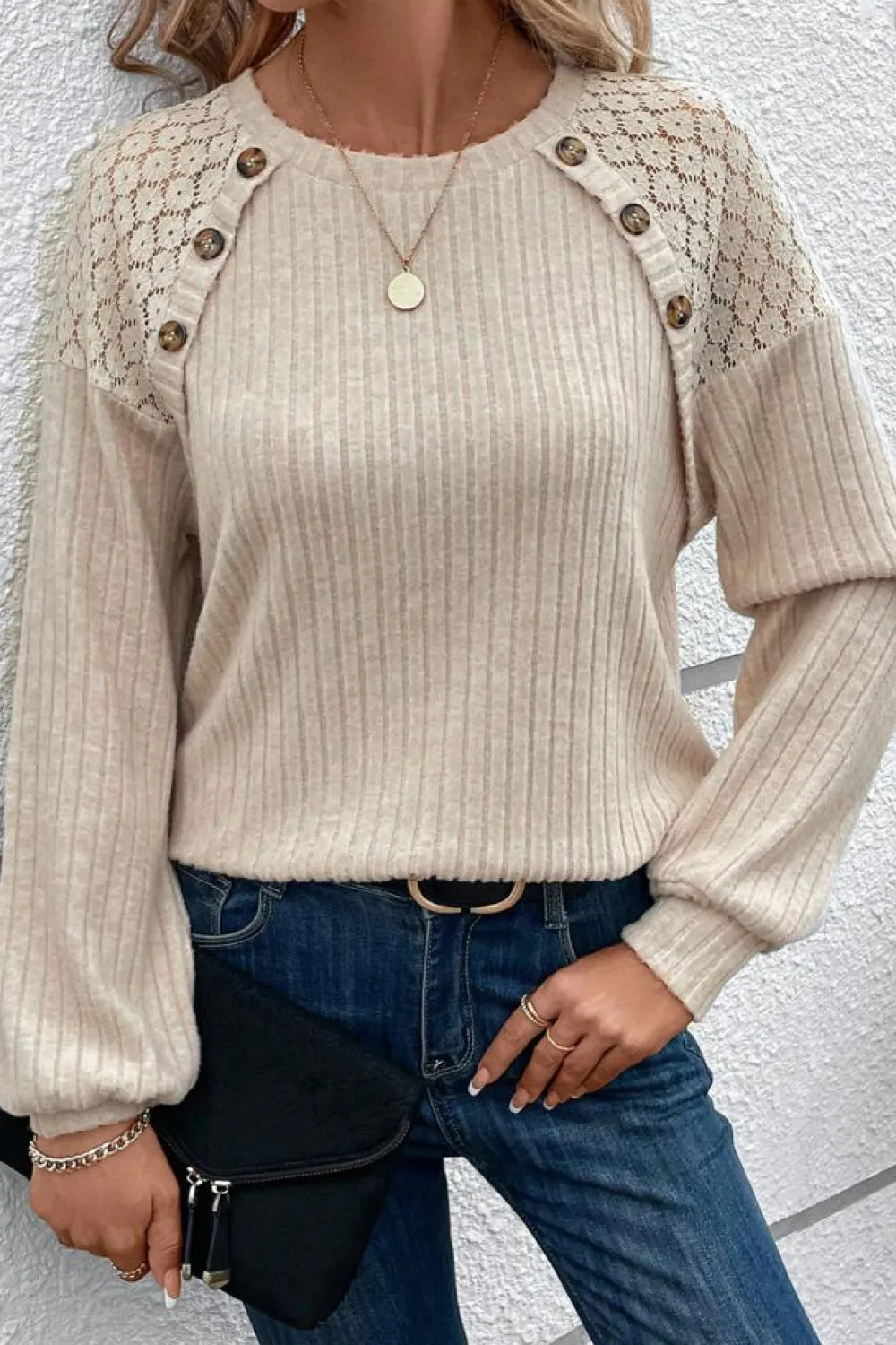 Fashion Dear-Lover Contrast Lace Raglan Sleeve Buttoned Ribbed Top Parchment