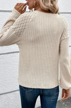 Fashion Dear-Lover Contrast Lace Raglan Sleeve Buttoned Ribbed Top Parchment