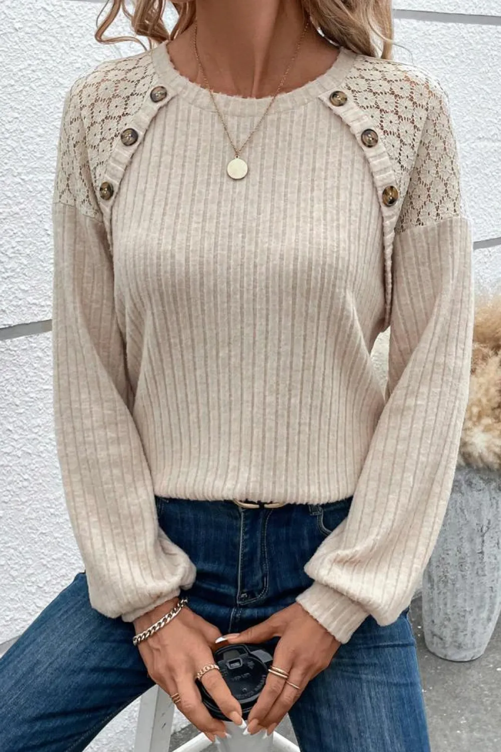 Fashion Dear-Lover Contrast Lace Raglan Sleeve Buttoned Ribbed Top Parchment
