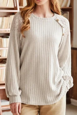 Fashion Dear-Lover Contrast Lace Raglan Sleeve Buttoned Ribbed Top Parchment