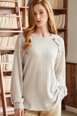 Fashion Dear-Lover Contrast Lace Raglan Sleeve Buttoned Ribbed Top Parchment