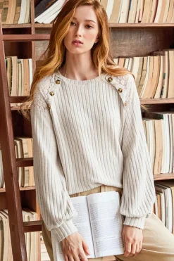 Fashion Dear-Lover Contrast Lace Raglan Sleeve Buttoned Ribbed Top Parchment