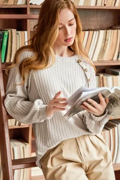 Fashion Dear-Lover Contrast Lace Raglan Sleeve Buttoned Ribbed Top Parchment