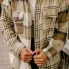New Dear-Lover Contrast Plaid Patchwork Flap Pocket Shacket Parchment
