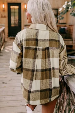 New Dear-Lover Contrast Plaid Patchwork Flap Pocket Shacket Parchment