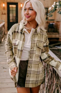 New Dear-Lover Contrast Plaid Patchwork Flap Pocket Shacket Parchment