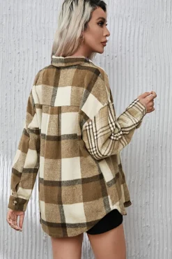 New Dear-Lover Contrast Plaid Patchwork Flap Pocket Shacket Parchment