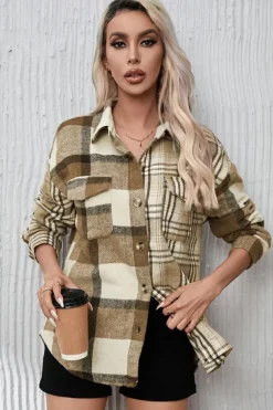 New Dear-Lover Contrast Plaid Patchwork Flap Pocket Shacket Parchment