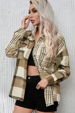 New Dear-Lover Contrast Plaid Patchwork Flap Pocket Shacket Parchment