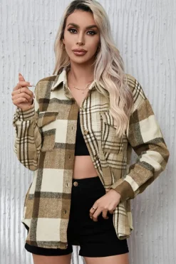 New Dear-Lover Contrast Plaid Patchwork Flap Pocket Shacket Parchment